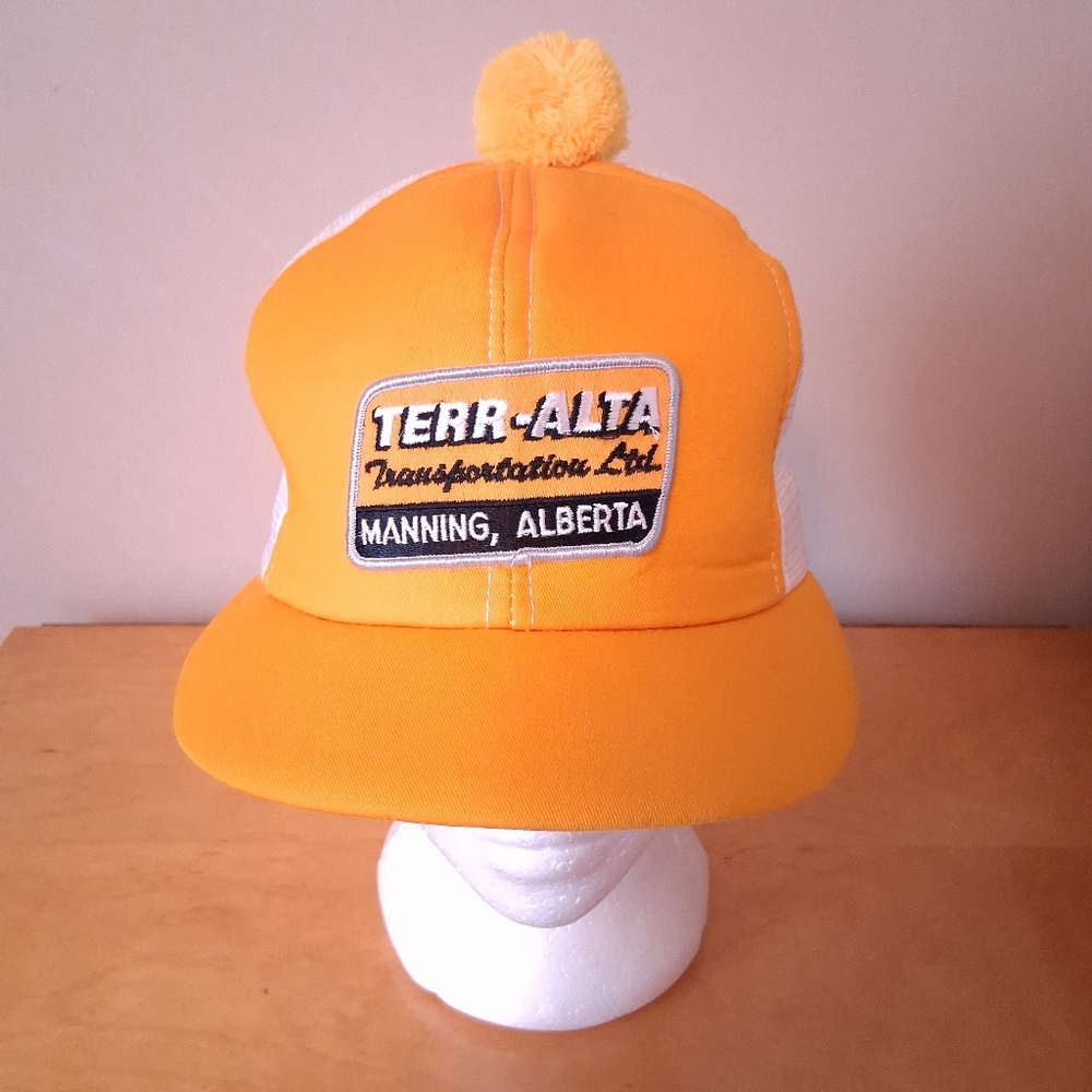 VTG 1980s Terr-Alta Transportation Ltd Yellow Short Brim Pom Trucker Hat Alberta